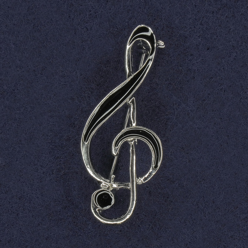 Treble Clef Brooch Black Enamel Silver-Tone Metal 16x40mm+