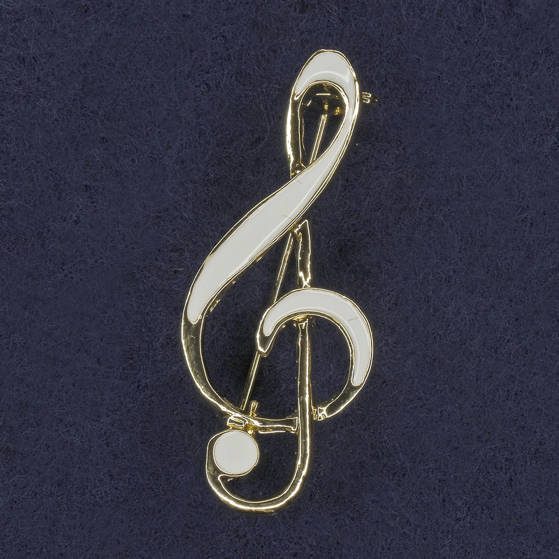 Treble Clef Brooch, white enamel, gold-tone metal 16x40mm+