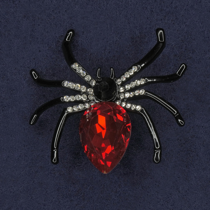 Spider Brooch with White Rhinestones, Red Crystal, Enamel, Black Metal, 42x42mm+