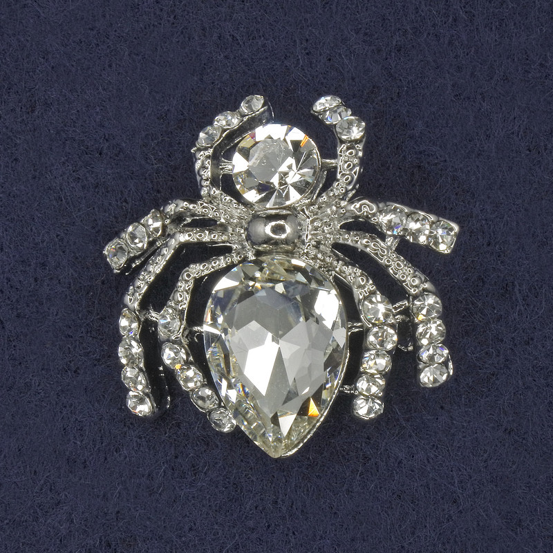 Spider Brooch with White Rhinestones, Silver-Coloured Metal, 26x26mm+