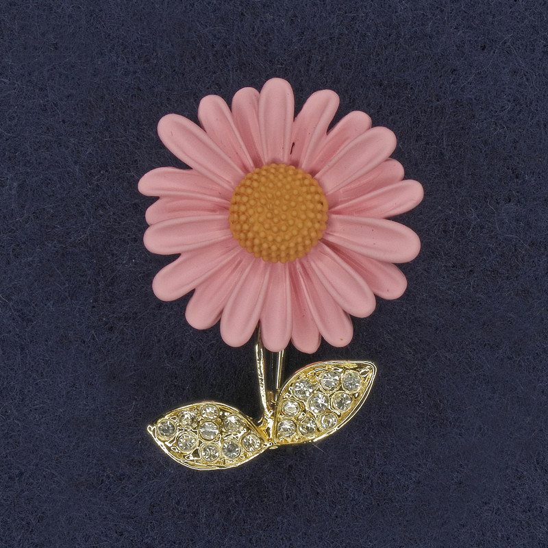Daisy Brooch, white rhinestones, pink enamel, gold-tone metal, 39x32mm+
