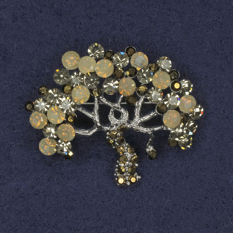 Tree Brooch with Rhinestones, Silver-Tone Metal, 39x32mm+