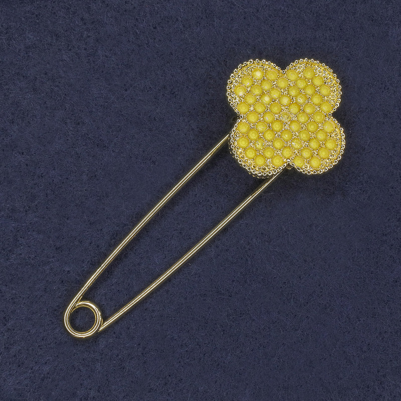 Clover Pin Brooch, Yellow & White Crystals, 27x75mm+/-, Gold-Tone Metal