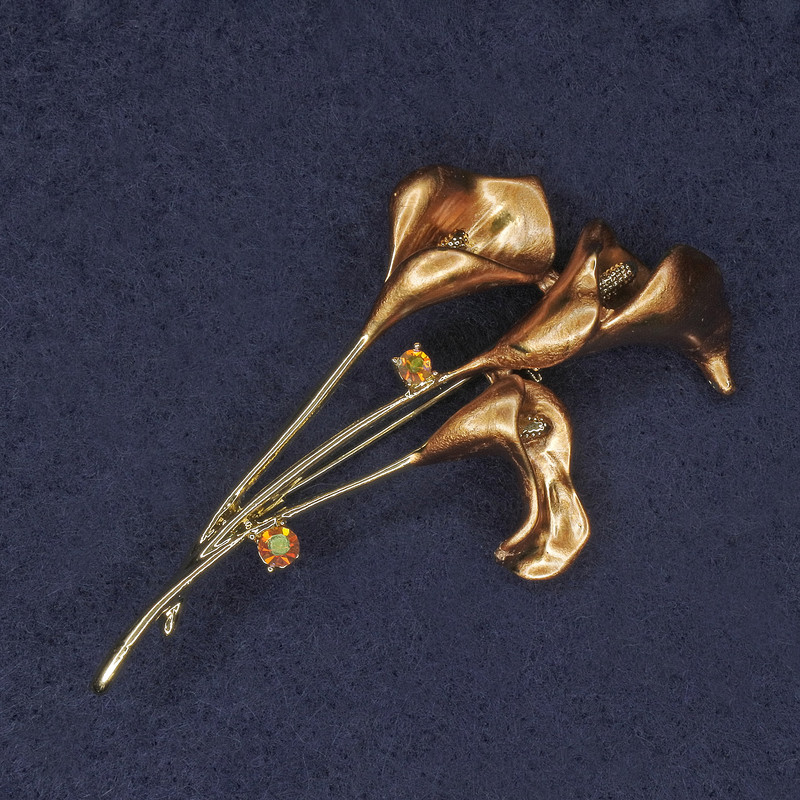 Calla Lily Brooch with Rhinestones, Brown Enamel, Gold-Coloured Metal, 35x60mm+
