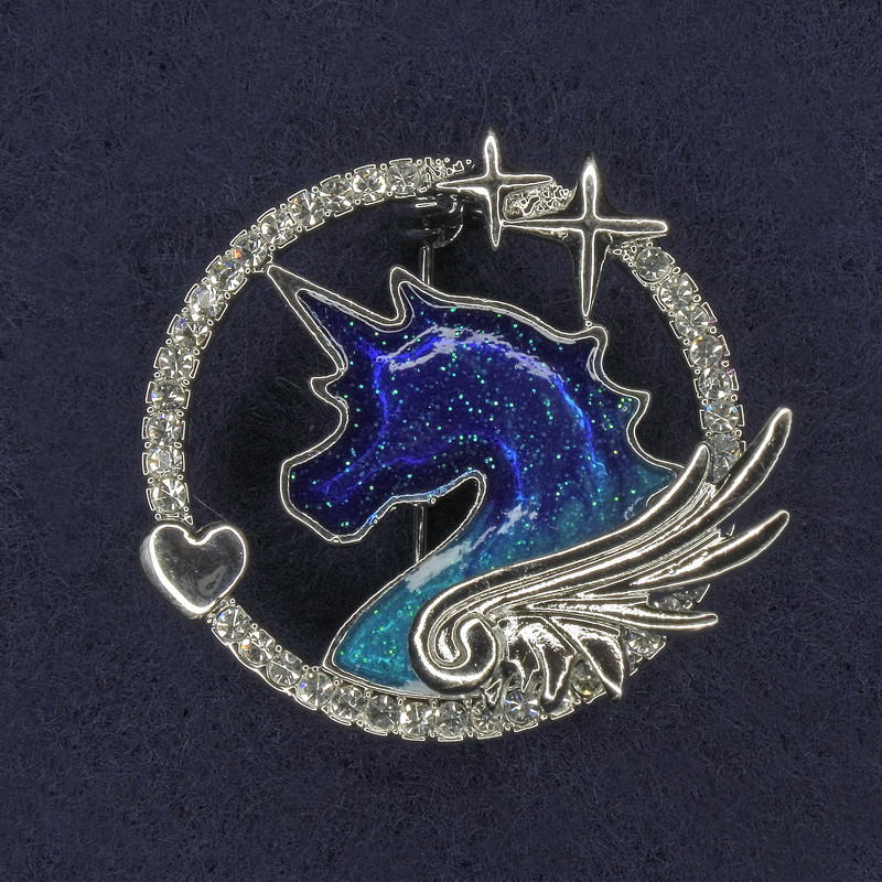 Unicorn Brooch with White Rhinestones, Enamel, Silver-Tone Metal, 30x32mm+