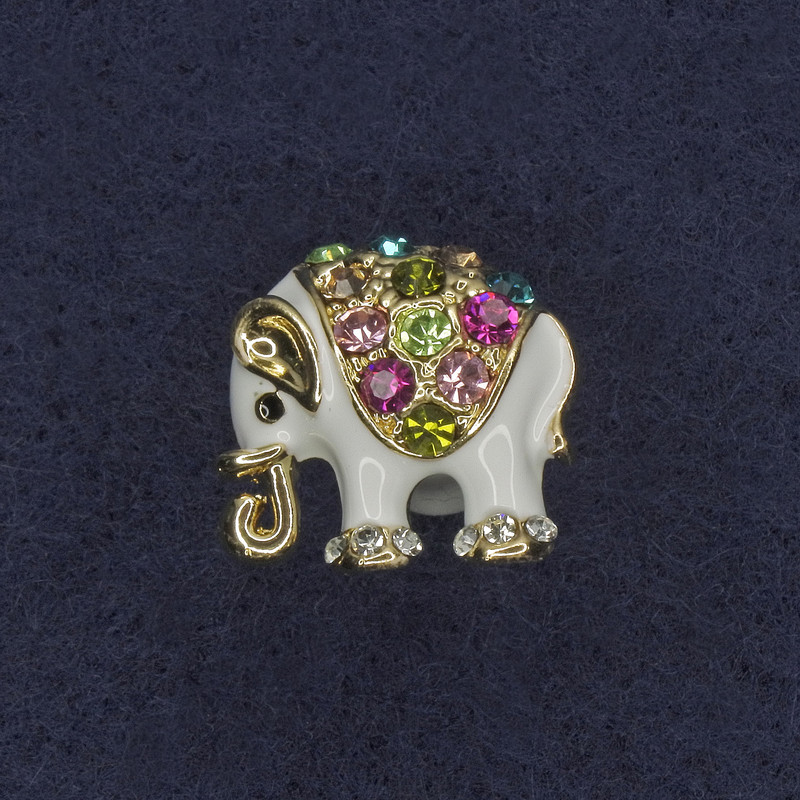 Elephant Brooch with Crystals, White Enamel, Gold-Tone Metal, 16x15mm+