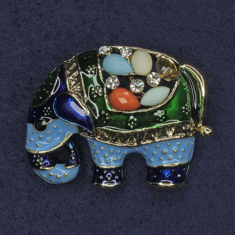 Elephant Brooch with Rhinestones and Assorted Stones, Enamel, Gold-Tone Metal, 35x26mm+