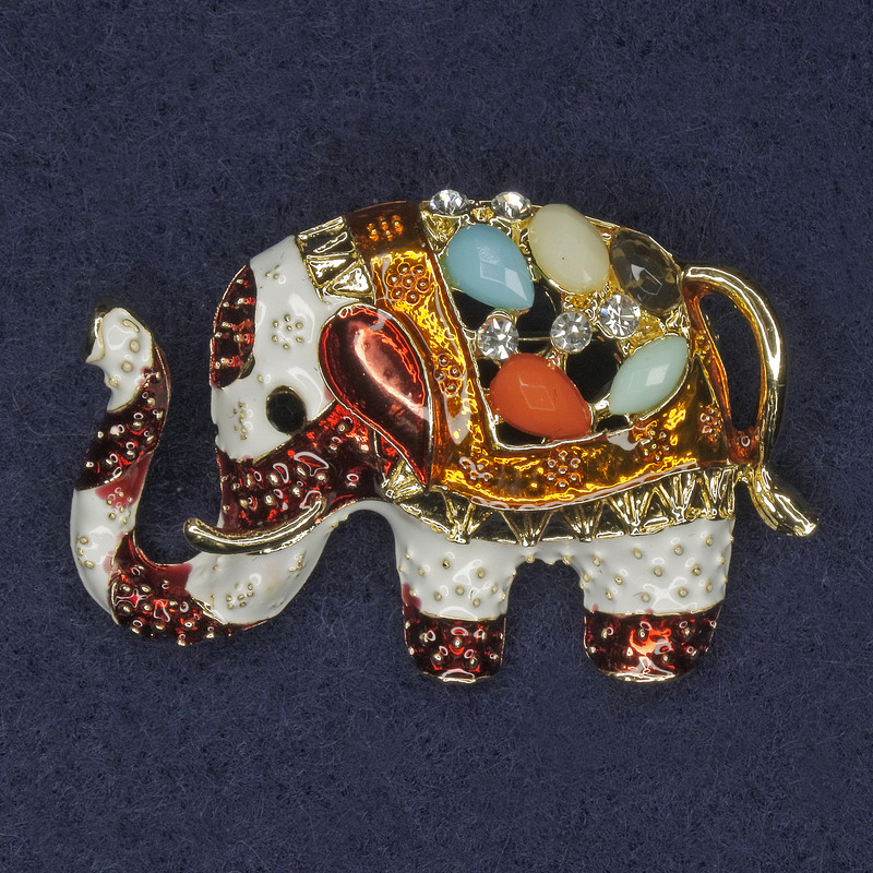 Elephant Brooch with Rhinestones and Assorted Stones, Enamel, Gold-Coloured Metal, 40x28mm+