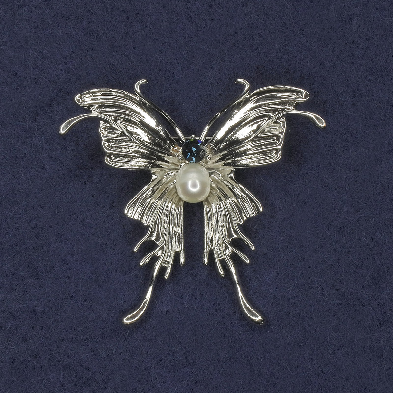 Butterfly Brooch with Blue Crystal, Pearl, Silver-Tone Metal, 40x44mm+