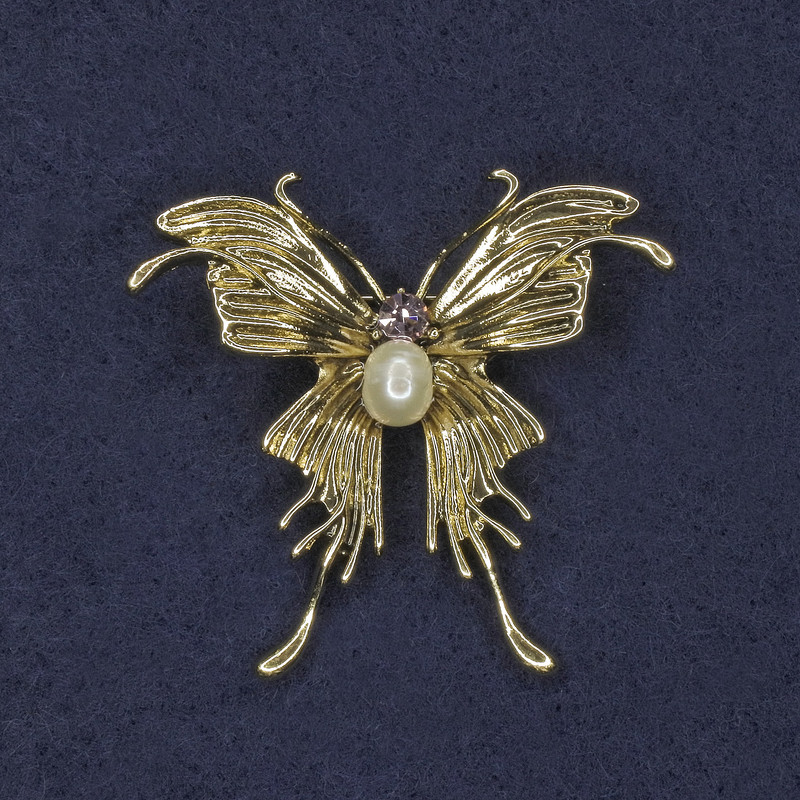 Butterfly Brooch with Pink Crystal, Pearl, Gold-Coloured Metal, 40x44mm+