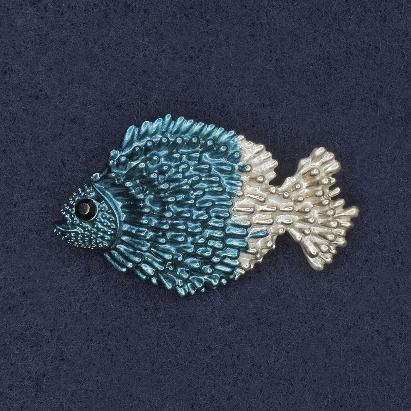 Fish Brooch, Blue & White Enamel, Gold-Tone Metal, 27x42mm+