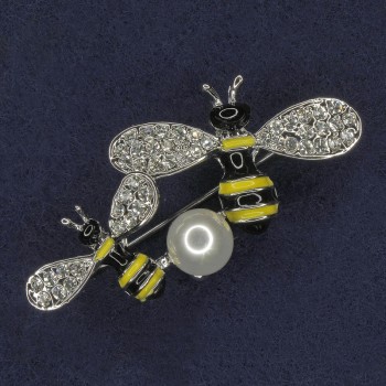 Bee Brooch, yellow and black enamel, pearl, white rhinestones, silver-tone metal, 30x37mm+