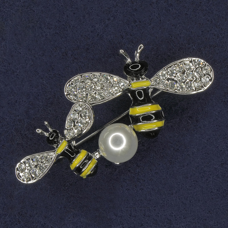 Bee Brooch, yellow and black enamel, pearl, white rhinestones, silver-tone metal, 30x37mm+