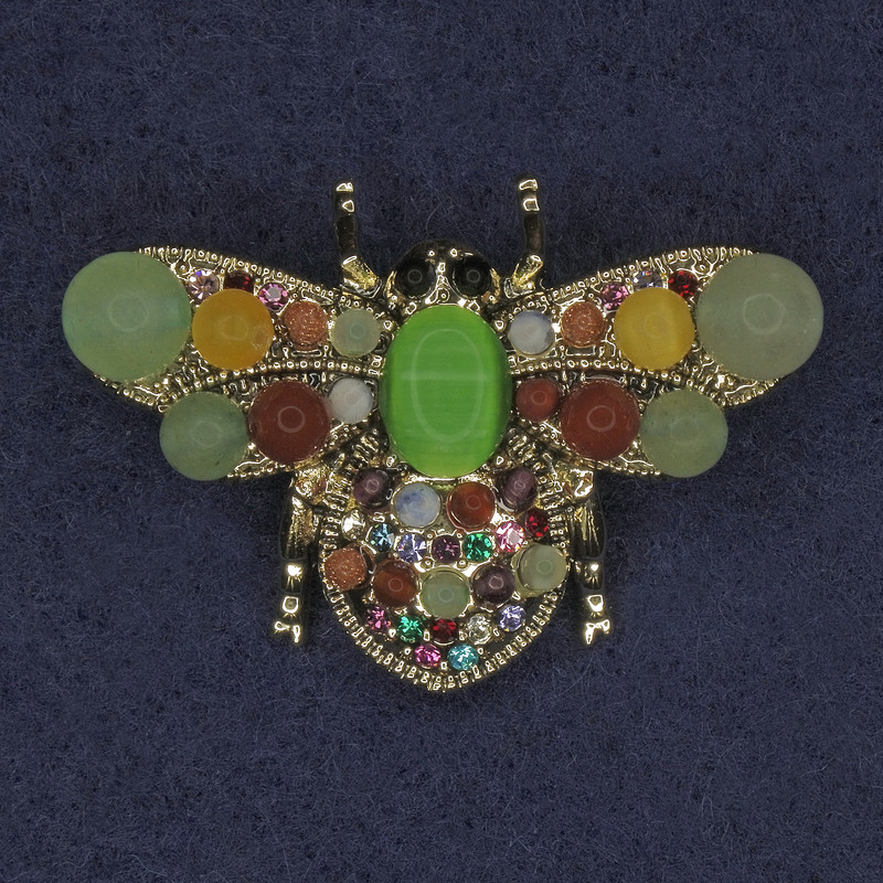 Bee Brooch, assorted gemstones and rhinestones, gold-tone metal, 28x40mm+