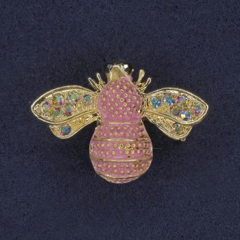 Bee Brooch, pink enamel, rainbow rhinestones, gold-tone metal, 22x30mm+