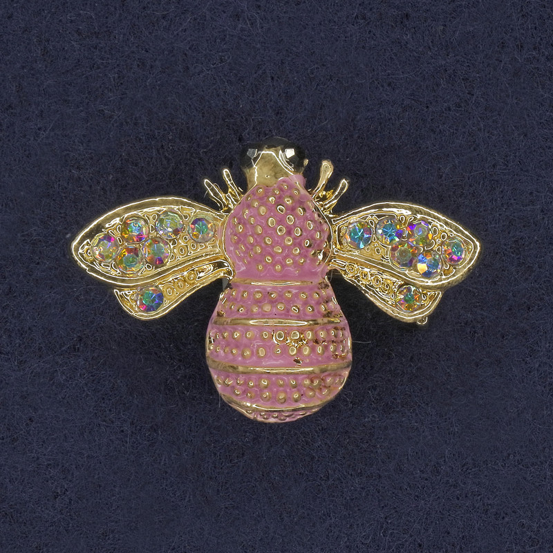 Bee Brooch, pink enamel, rainbow rhinestones, gold-tone metal, 22x30mm+