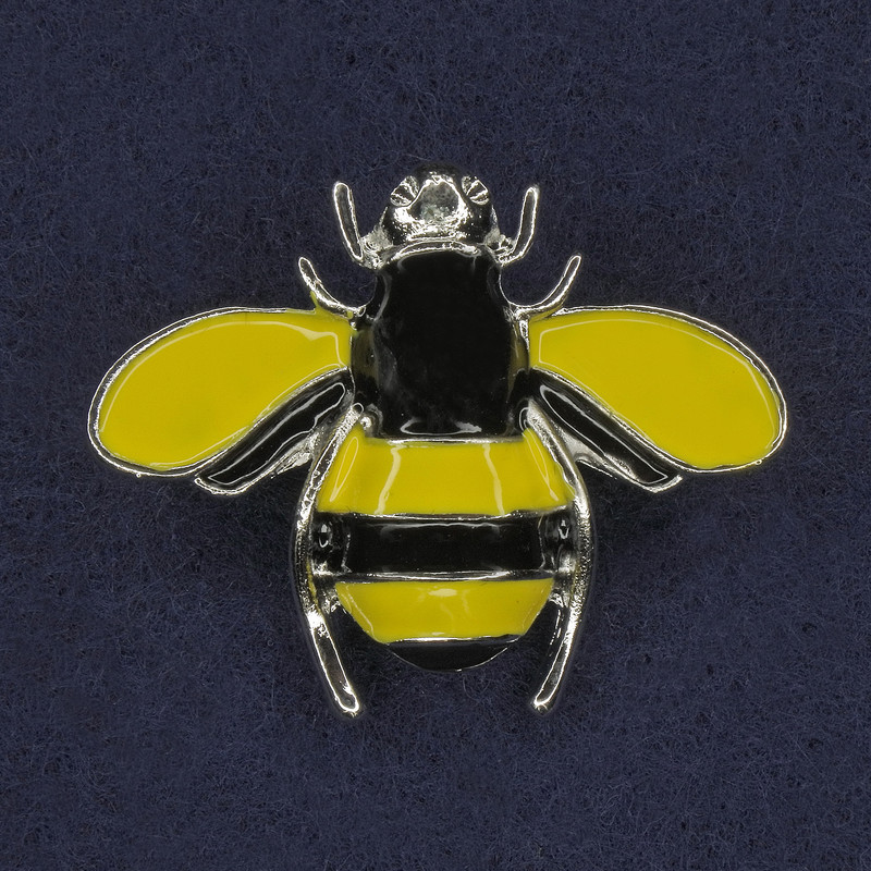 Bee Brooch, yellow and black enamel, silver-tone metal, 30x37mm+