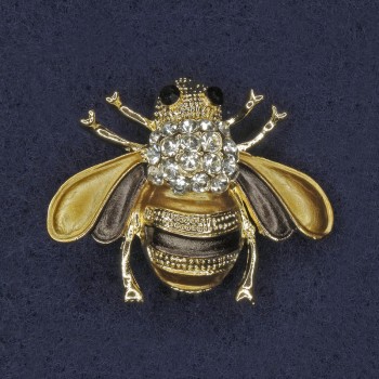 Bee Brooch, Golden & Brown Enamel, White & Black Crystals, Gold-Tone Metal, 25x30mm+