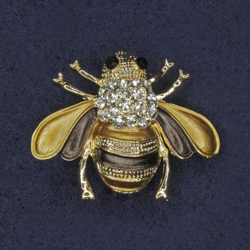 Bee Brooch, Golden & Brown Enamel, White & Black Crystals, Gold-Tone Metal, 25x30mm+