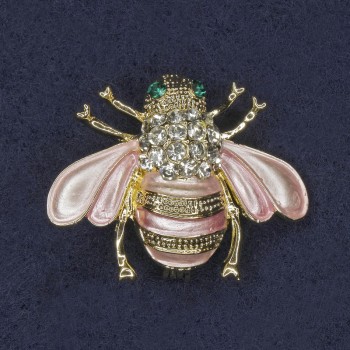 Bee Brooch with Pink Enamel, White and Green Rhinestones, Gold-Tone Metal, 25x30mm+