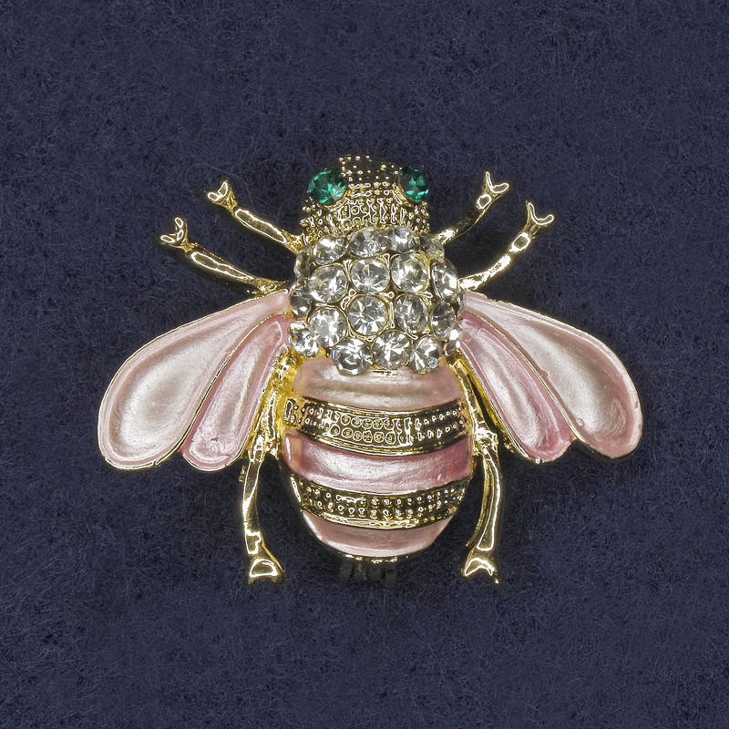 Bee Brooch with Pink Enamel, White and Green Rhinestones, Gold-Tone Metal, 25x30mm+