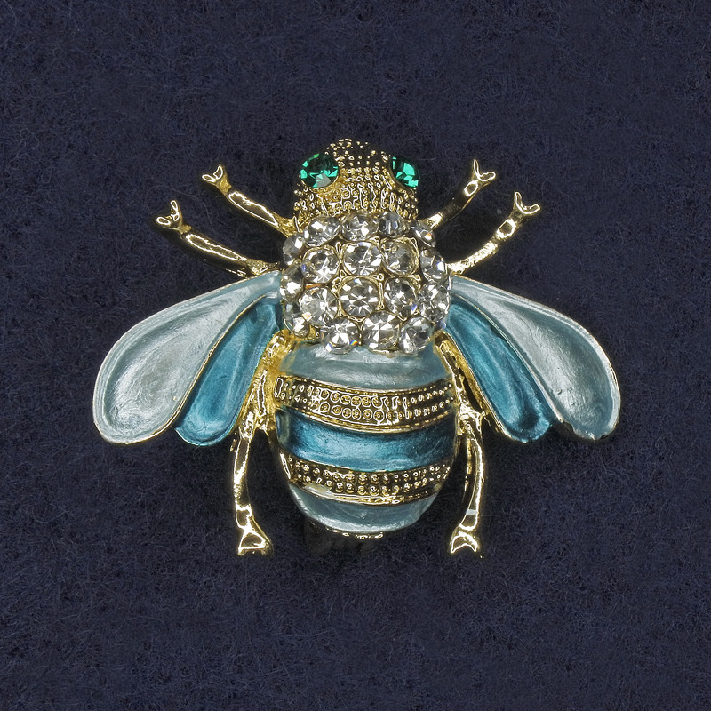 Bee Brooch with Blue Enamel, White and Green Rhinestones, Gold-Coloured Metal, 25x30mm+