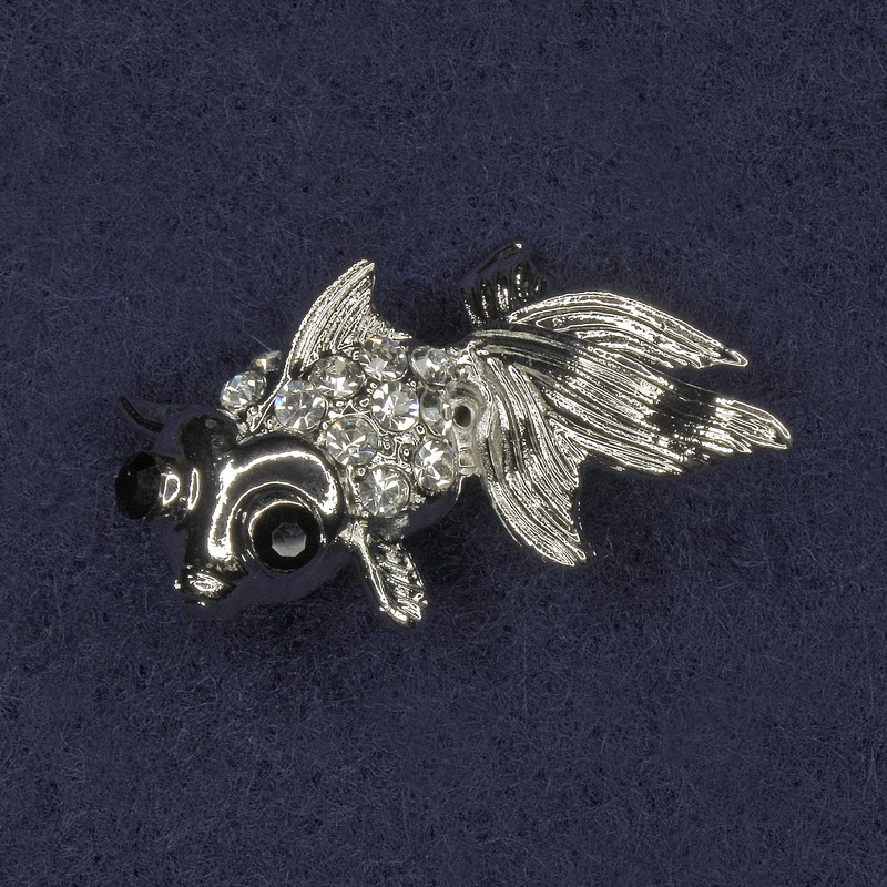 Fish Brooch with Crystals, Silver-Tone Metal, 18x29mm+