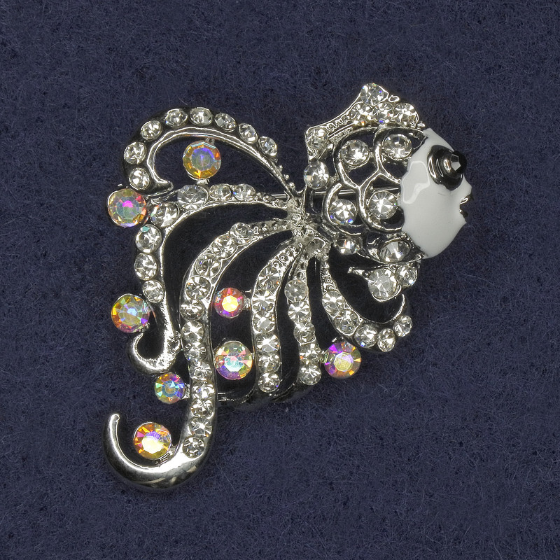 Fish Brooch, Crystals, White Enamel, Silver-Tone Metal, 30x33mm+
