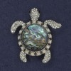 Turtle Pendant Brooch with Paua Shell, Rhinestones, Silver-Tone Metal, 45x50mm+