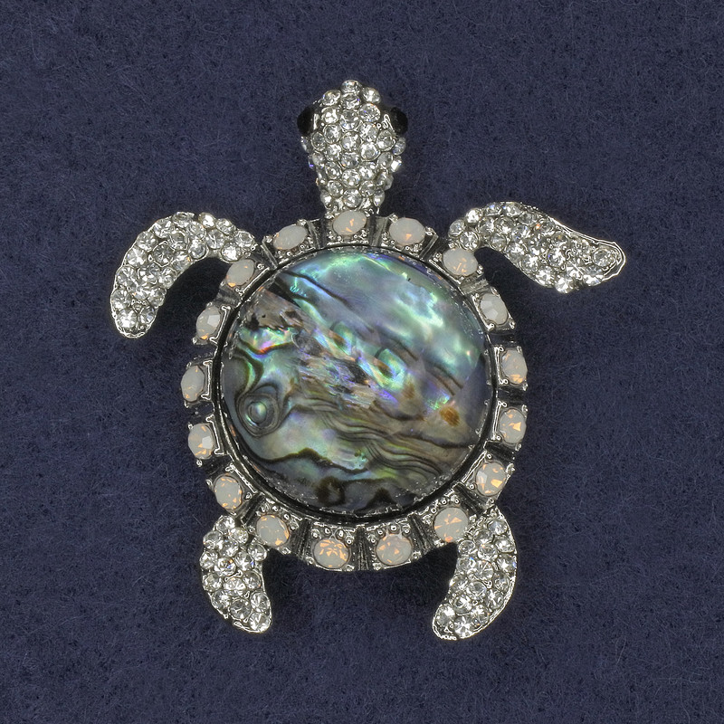 Turtle Pendant Brooch with Paua Shell, Rhinestones, Silver-Tone Metal, 45x50mm+