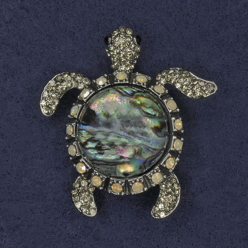 Turtle Pendant Brooch Haliotis Rhinestones Silver-tone Metal 45x50mm+