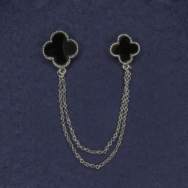 Cardigan Brooch Black Enamel, Diameter 22mm+/-, Diameter 18mm+/- Silver-Tone Metal Chain, Length 12cm+