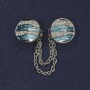 Cardigan Brooch White Rhinestones Blue Enamel Silver-Tone Metal, Diameter 20mm+/- Chain, Length 9cm+