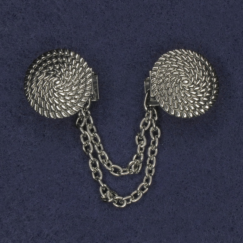 Cardigan Clip Brooch, silver-tone metal, diameter 20mm+/- chain, length 9cm+