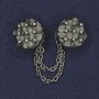 Cardigan Clip Brooch, white rhinestones, silver-tone metal, diameter 20mm+/- chain, length 9cm+