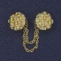 Cardigan Brooch, white rhinestones, gold-tone metal, diameter 20mm+/- chain, length 9cm+