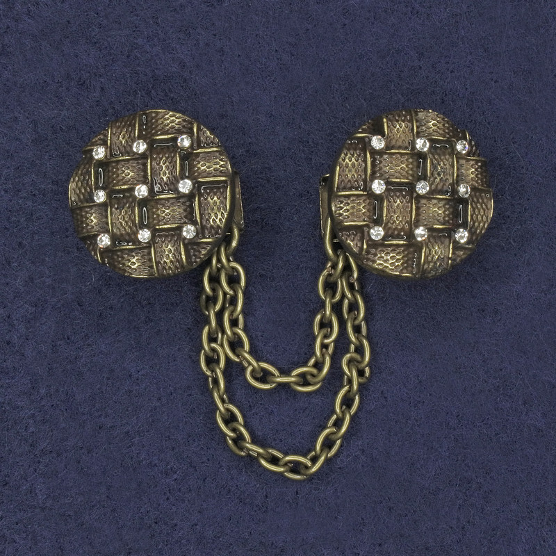 Cardigan Brooch, Bronze-Tone, White Crystals, Diameter 20mm+/- Chain, Length 9cm+