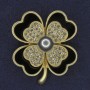 Clover Brooch White Rhinestones Grey Pearl Black Gold-Tone Metal, diameter 38x45mm+