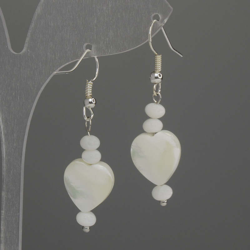 Mother-of-Pearl Earrings Heart 12mm+/- Rondelle 5x3mm+/-, length 45mm+