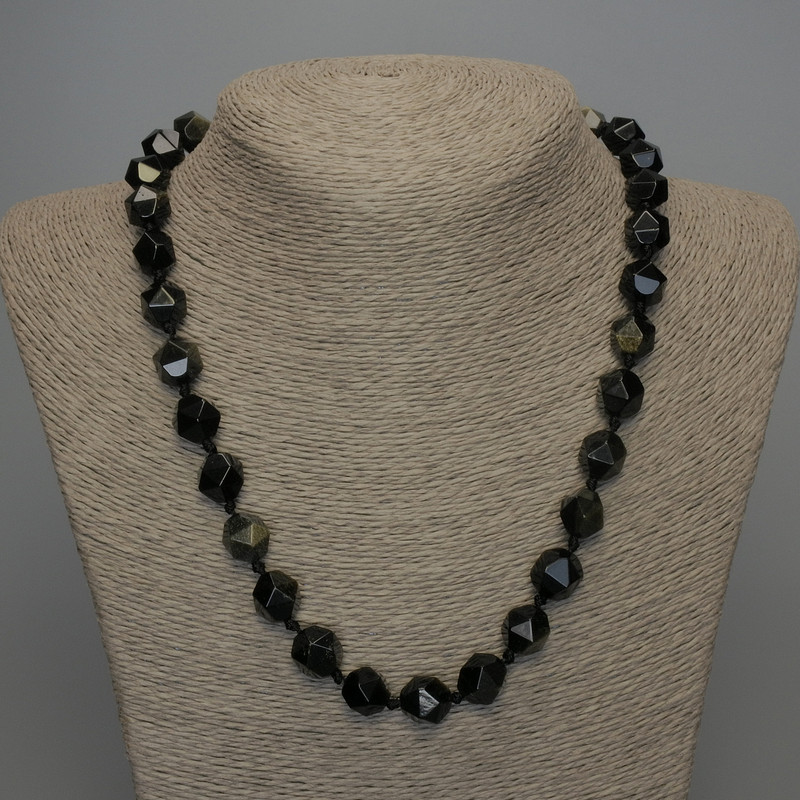 Natural Stone Necklace Golden Sheen Obsidian Faceted Beads, Diameter 12x11mm+/-, Length 50cm+