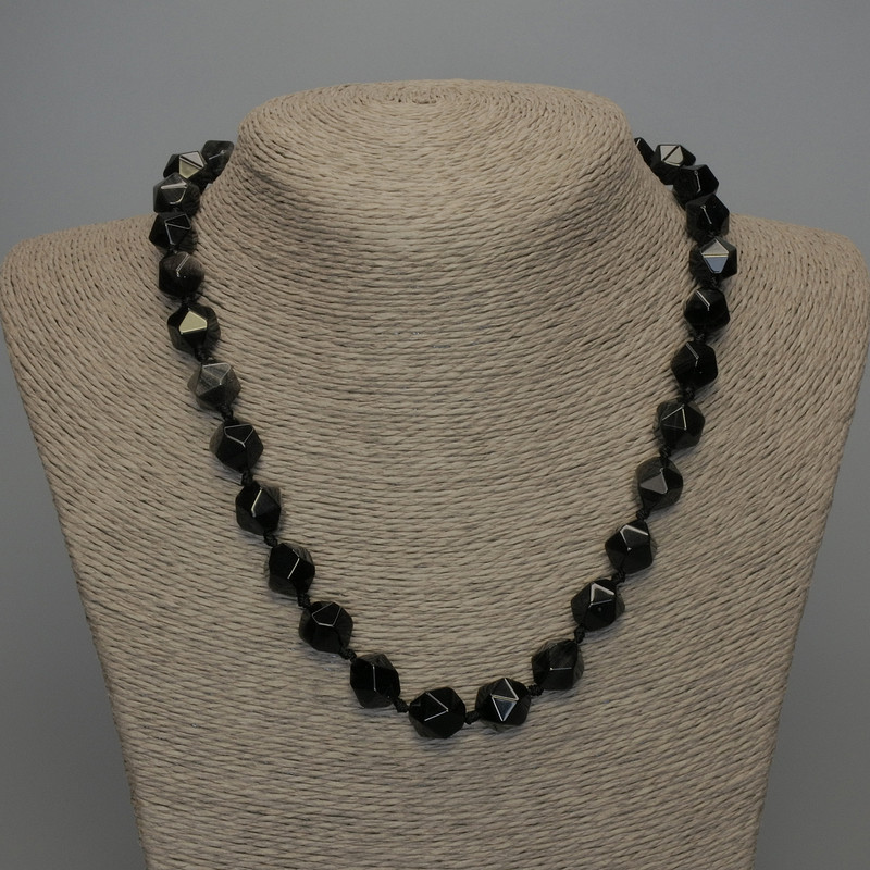Natural Stone Necklace Silver Obsidian Faceted Beads, Diameter 12x11mm+/-, Length 50cm+
