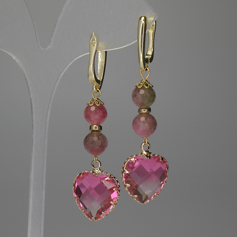 Earrings Tourmaline Faceted Round Bead 8mm+/- Heart 17mm+/-, Length 58mm+