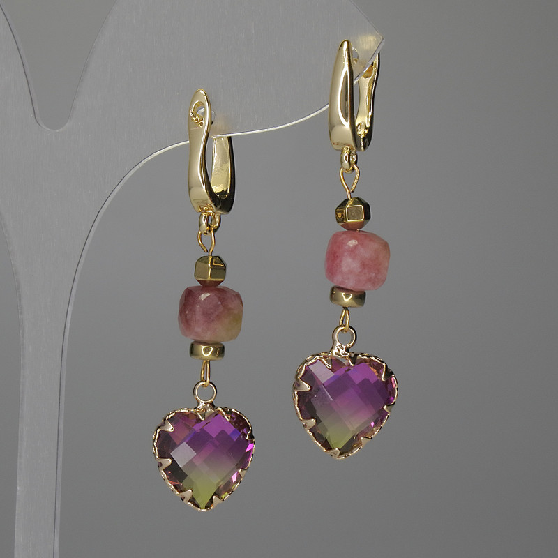 Earrings Tourmaline Faceted Cube 8mm+/- Heart 12mm+/-, Length 47mm+