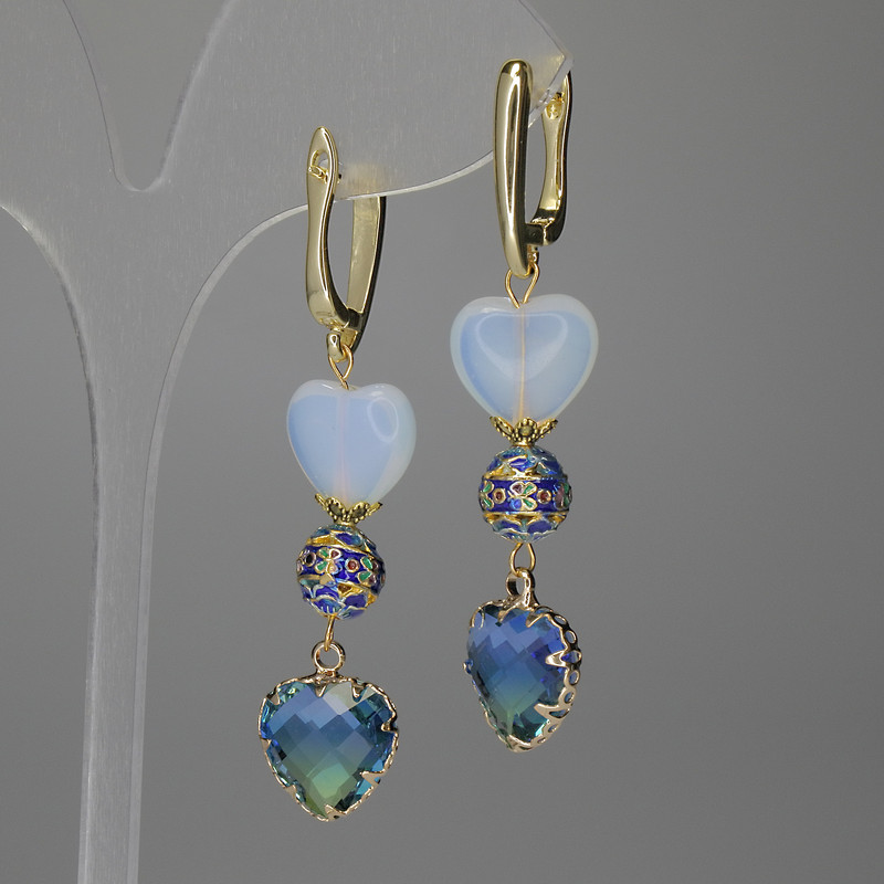 Earrings Moonstone Heart 10mm+/- Cloisonné 8mm+/- Heart 12mm+, Length 55mm+