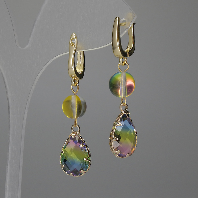 Earrings Opal Glass Round Bead 8mm+/- Drop 14x11mm+/-, Length 42mm+