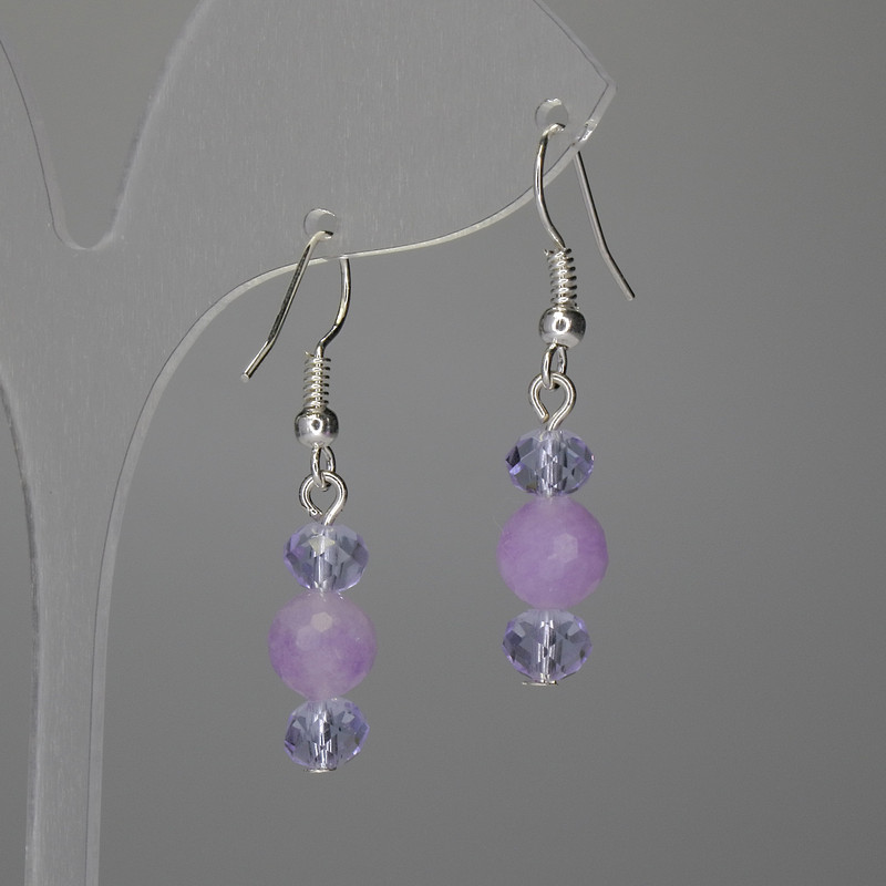 Earrings Kunzite Faceted Bead 8mm+- Czech Crystal Rondelle 6x5mm+-, length 37mm+