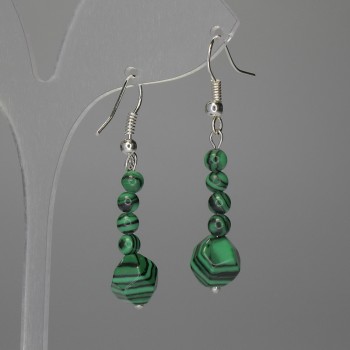 Malachite Earrings Polyhedron 8mm+- Smooth Ball 4mm+-, length 46mm+
