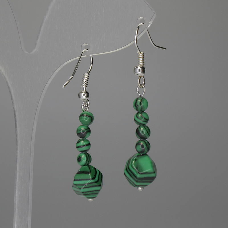 Malachite Earrings Polyhedron 8mm+- Smooth Ball 4mm+-, length 46mm+