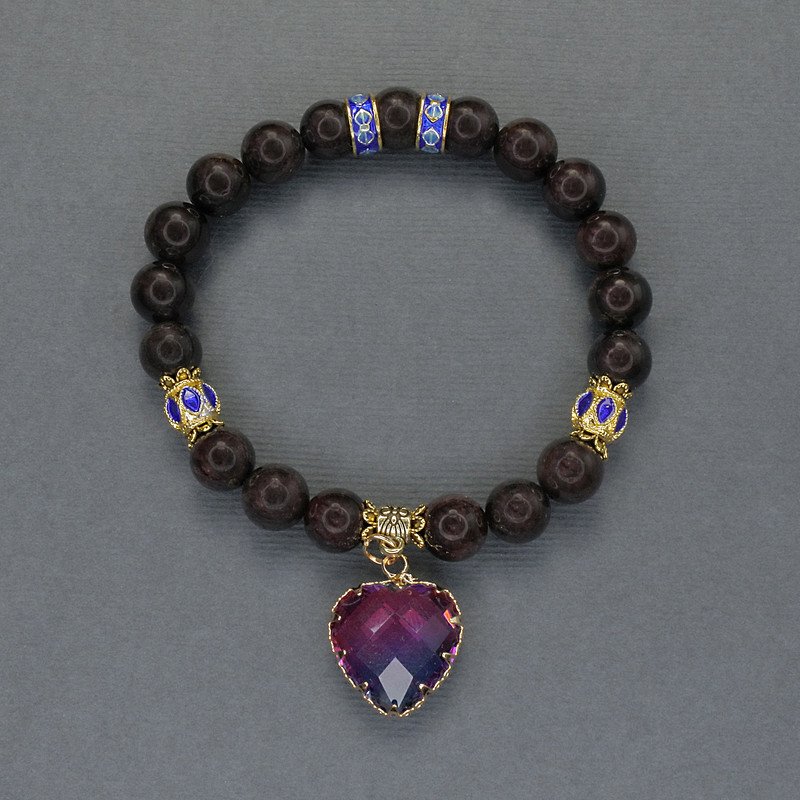 Garnet Bracelet, smooth beads, diameter 8mm+-, cloisonné and metal inserts with pendant, length 18cm stretch