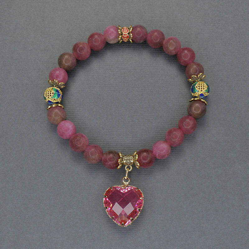 Bracelet Tourmaline Smooth Bead, diameter 8mm+- Cloisonne Beads with Metal Inserts and Pendant, length 18cm stretch
